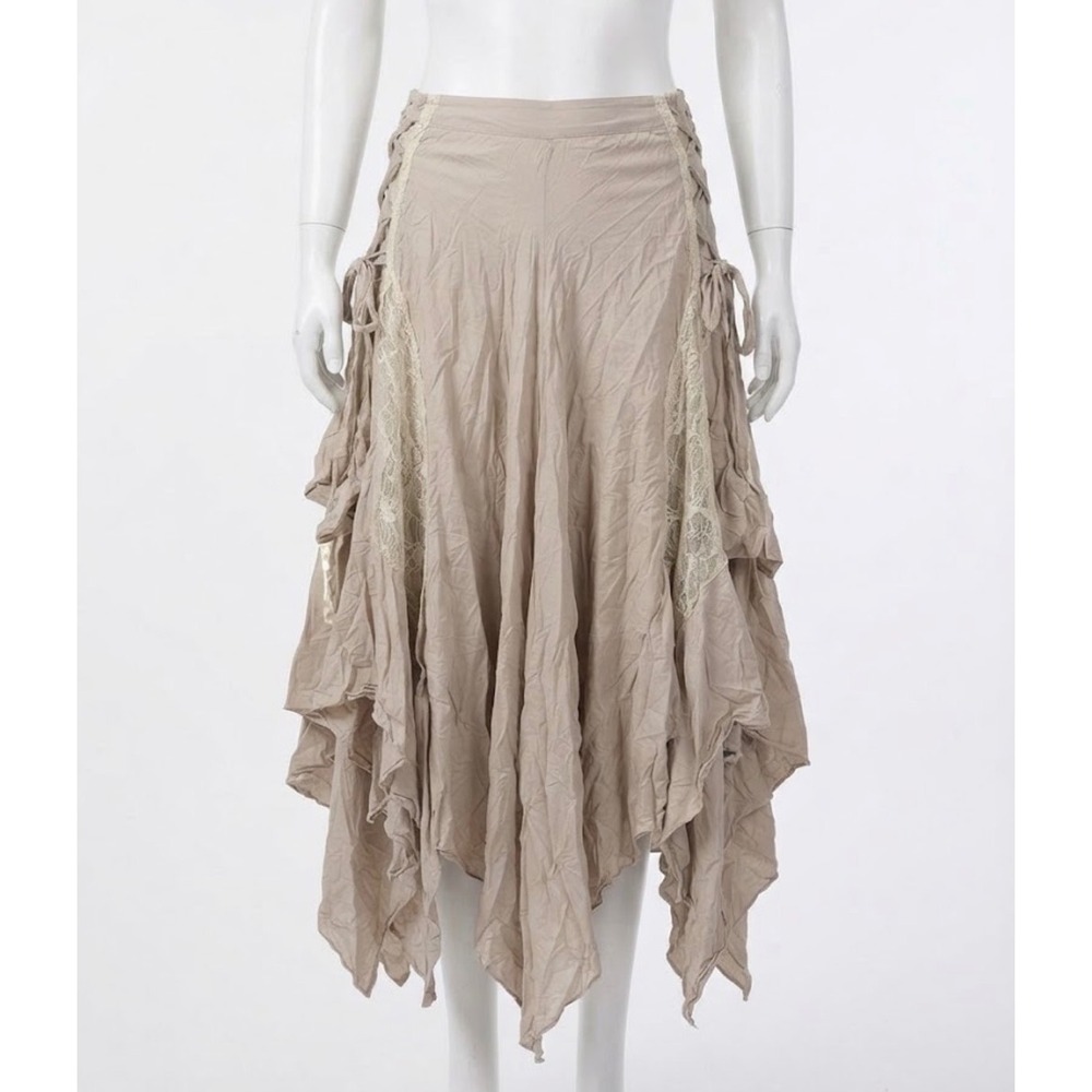 Surrealist Fairycore Boho Corset Lace-Up Handkerchief Hem Skirt Beige Size M/L